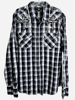 Pop Icon Clothing from Buckle Embroidered Black White Check Snap Down XL